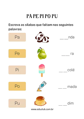 Atividades com a família silábica do pa pe pi po pu | Educlub
